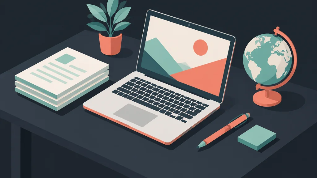 Isometric scene of a desk with laptop, papers, pen, globe