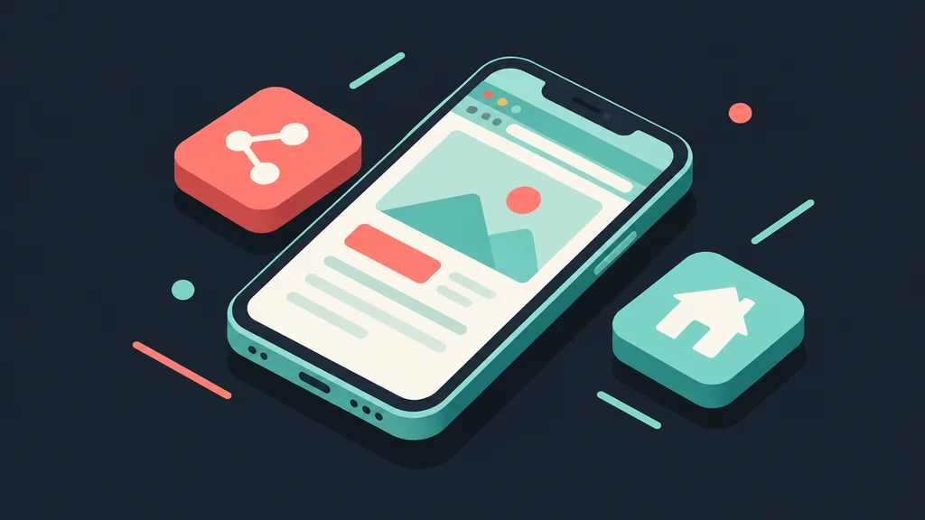 Isometric smartphone showing browser window and home screen shortcut