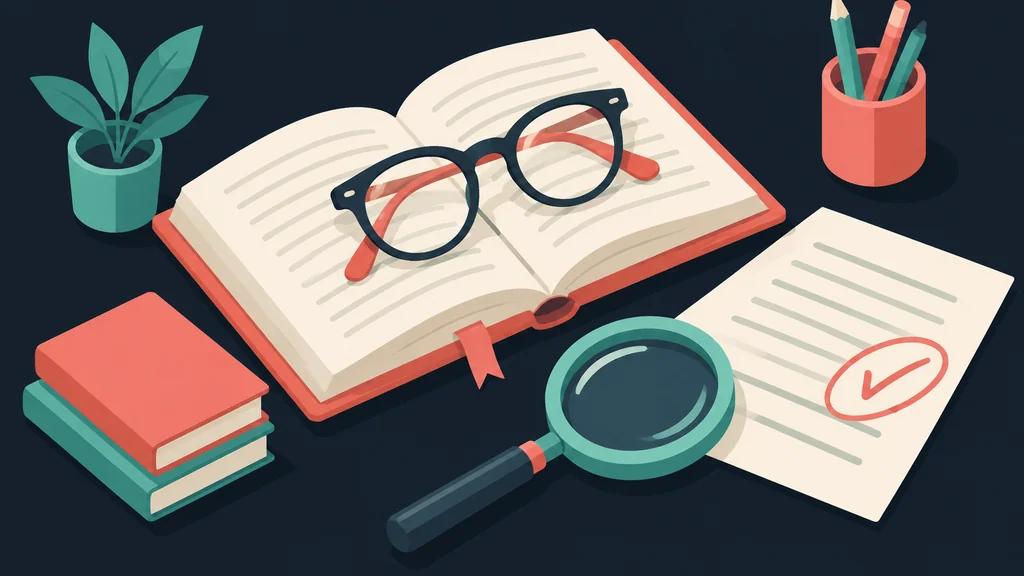 Glasses on open book with magnifier and correction sheet