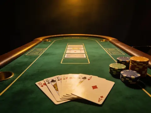 Live dealer session with cards and chips on felt