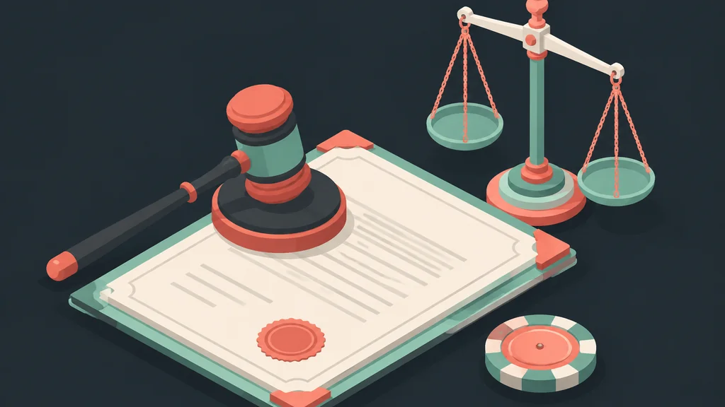 Isometric legal document, gavel, scales, casino chip