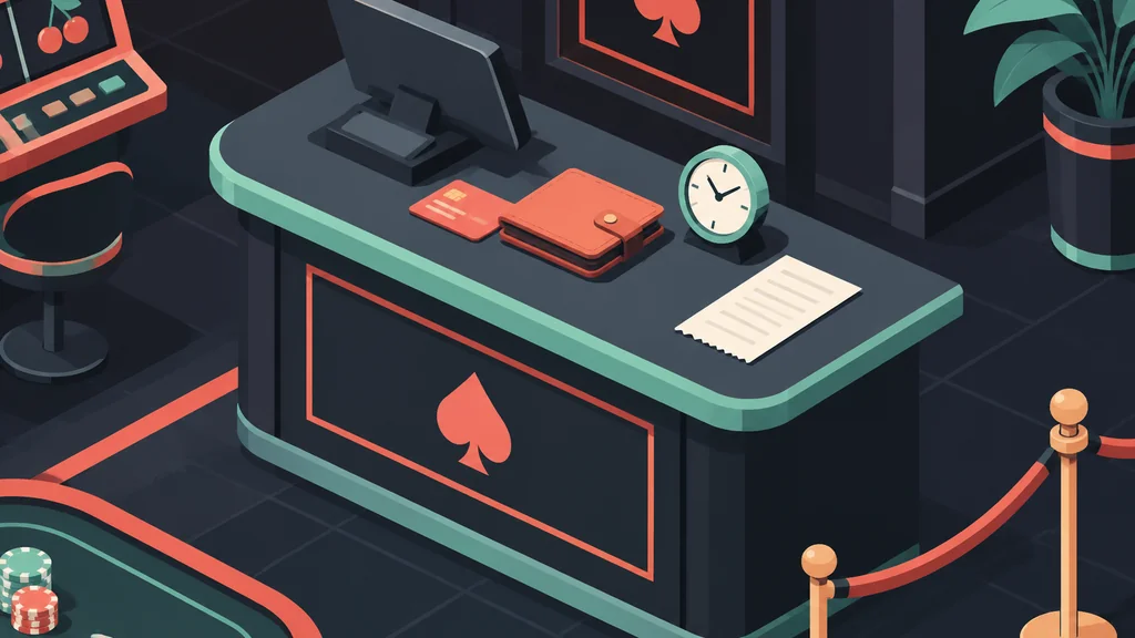 Isometric casino cashier desk with card wallet and clock