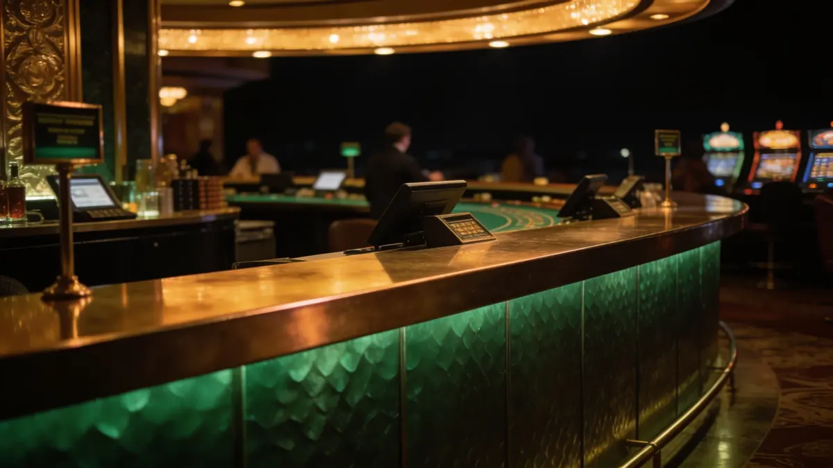 Casino cashier desk lit at night